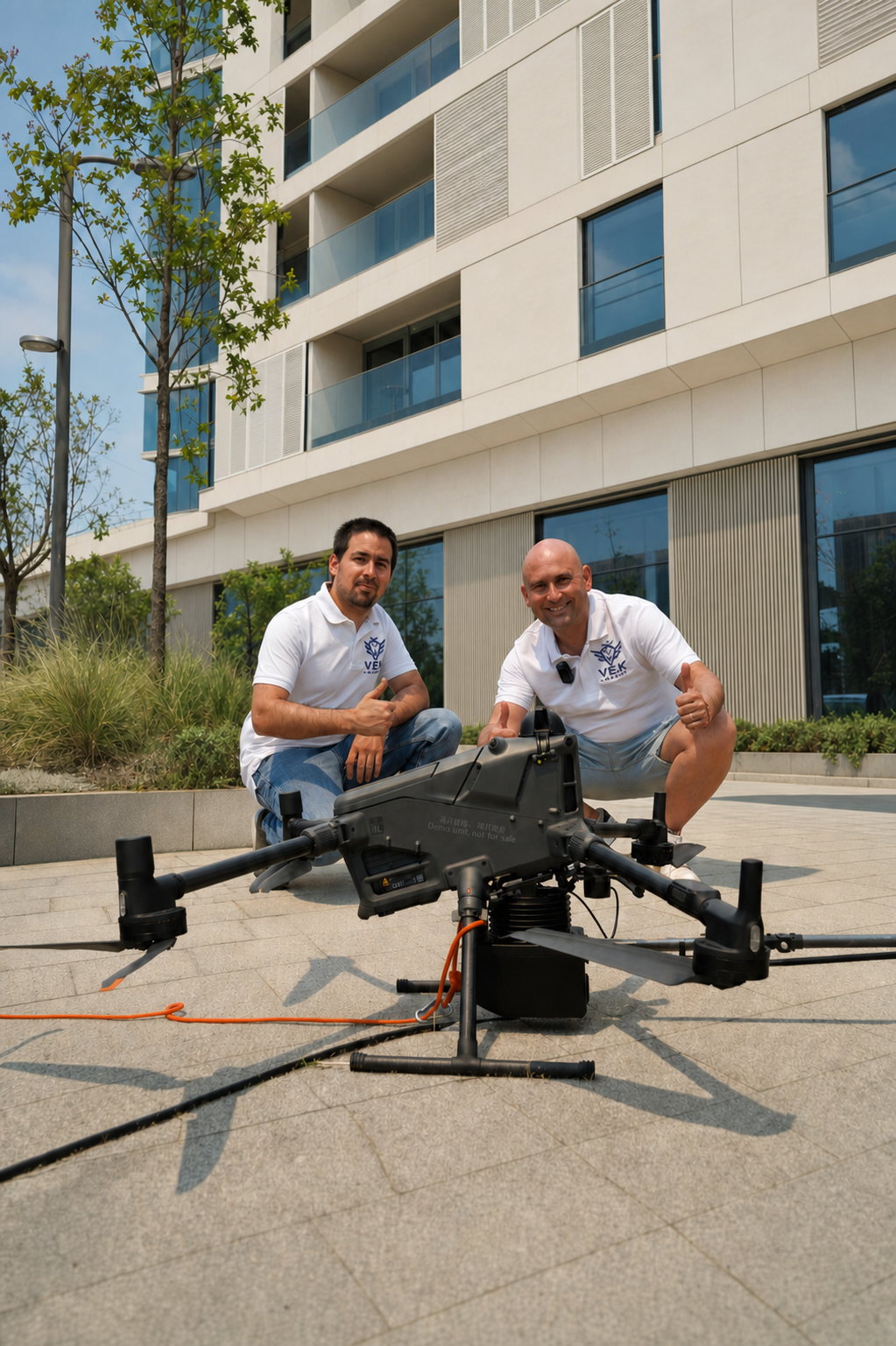 Socios de VEXAEREO junto al dron de limpieza DJI Matrice 400